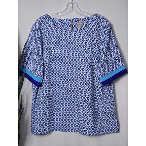Chicos Blue Geometric Colorblock Trim Short Sleeve Blouse Size Large 3 XL - Picture 3 of 7